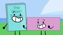 two cartoon characters are standing next to a book called the object times