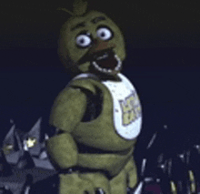 chica the chicken from five nights at freddy 's is standing in the dark with his mouth open .