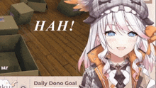 a girl with white hair and blue eyes is smiling in front of a daily dono goal sign