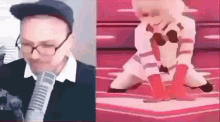 a man wearing glasses is talking into a microphone next to a picture of a girl kneeling down .