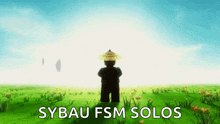 a lego man wearing a straw hat is standing in a field with the words sybau fsm solos below him