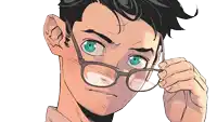a drawing of a person wearing glasses with a blue eye