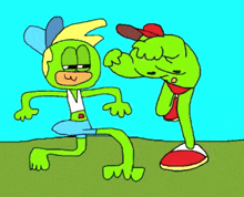 a cartoon of two green frogs standing next to each other .