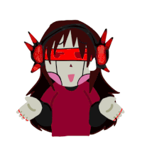 a cartoon drawing of a girl wearing headphones and red blindfolds
