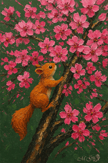 a painting of a squirrel climbing up a tree with pink flowers by m. gray