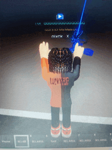 a cartoon character with the name luckywc on his back