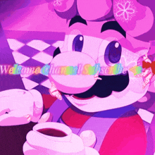 a cartoon of mario holding a cup of coffee and the words welcome channel subscribe below him