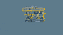 a blue and yellow drawing of a building with a lot of windows