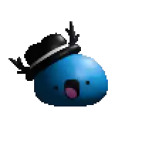a blue cartoon character wearing a black top hat