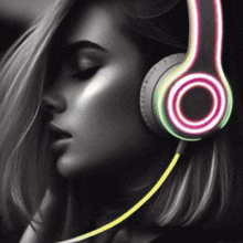 a woman wearing a pair of headphones with a neon circle on them