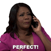 a woman in a pink shirt is talking on a cell phone and the words perfect are on the bottom