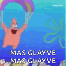 patrick star from spongebob squarepants is jumping in the air with a rainbow behind him .