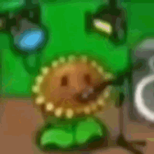 a blurred image of a plants vs zombies character standing in front of a microphone .
