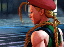a video game character with a braided ponytail and a red hat