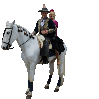 a man and a woman are riding on a white horse