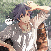 a boy with purple hair is sitting on a bench with his hand on his head