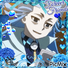a picture of a boy with blue hair and the words forever friends on it