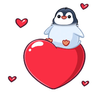 a penguin is sitting on top of a large red heart surrounded by smaller hearts