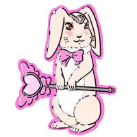 a drawing of a rabbit with a pink bow and a wand