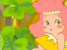 a cartoon drawing of a girl with pink hair and blue eyes