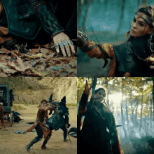 a collage of images of a woman holding a bow