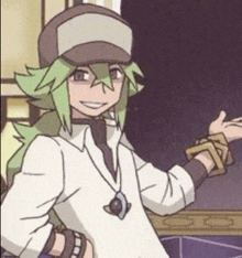 a cartoon character with green hair and a hat