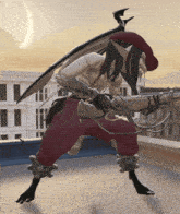 a cartoon character is holding a gun and wearing red pants and a red hat