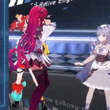 two anime girls are dancing in front of a sign that says " hololive enigma "