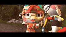 a cartoon character wearing glasses and a helmet is riding a bike next to another character