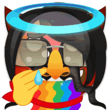 a cartoon character wearing a rainbow scarf and glasses