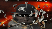 a man wearing a nike hat with money falling around him