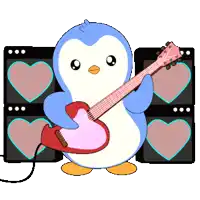 a penguin is holding a pink guitar in front of a wall of hearts