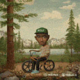 a painting of a young man riding a bike with a wolf hat on