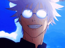 a close up of a person 's face with a blue sky in the background and the word go on the bottom right