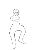 a black and white drawing of a man wearing glasses standing on one leg .