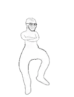 a black and white drawing of a man wearing glasses standing on one leg .