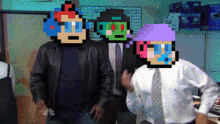 a man in a suit and tie is standing next to two other men with pixelated faces on them