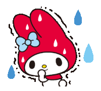 a red bunny with a blue bow on her head is sweating