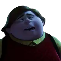 a close up of a cartoon character with a surprised expression on his face