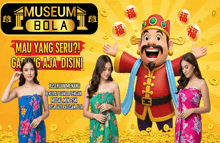 a poster for museum bola shows a cartoon character and two women
