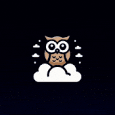 a cartoon owl is sitting on a cloud on a dark blue background