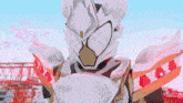 a cartoon character is holding a strawberry in front of his face