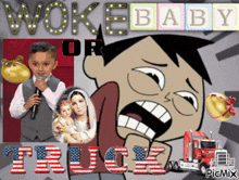a cartoon of a boy holding a microphone with woke baby truck written on the bottom