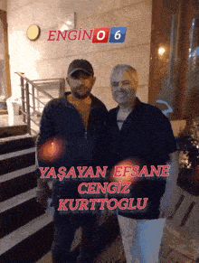 two men standing next to each other with the words yasayan efsane cengiz kurttoglu on the bottom