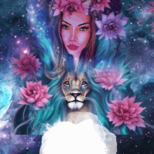 a painting of a woman with a lion and flowers