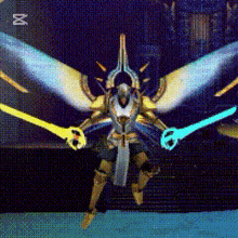 a video game character with wings is holding two swords in his hands