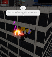 a screenshot of a video game that says time to run from sonici hes gonan go fast