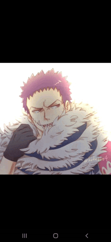 a drawing of a man with purple hair and a furry coat