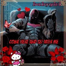 a picture of a superhero with the words come here and sit with me on it