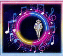 a picture of a man standing in a circle with music notes around him